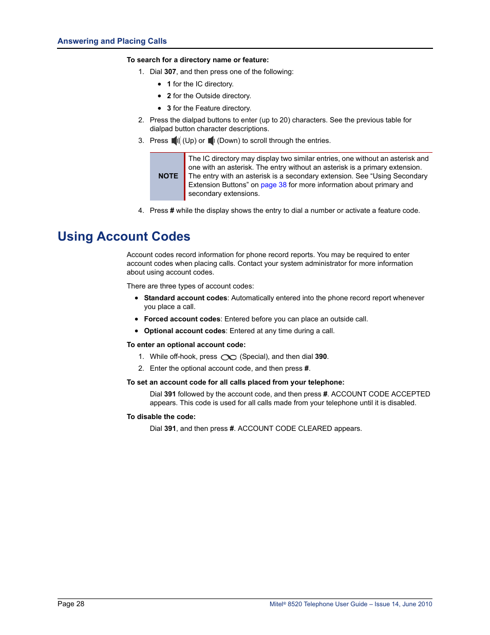 Using account codes, Using account codes” on | Mitel 8520 User Manual | Page 40 / 76