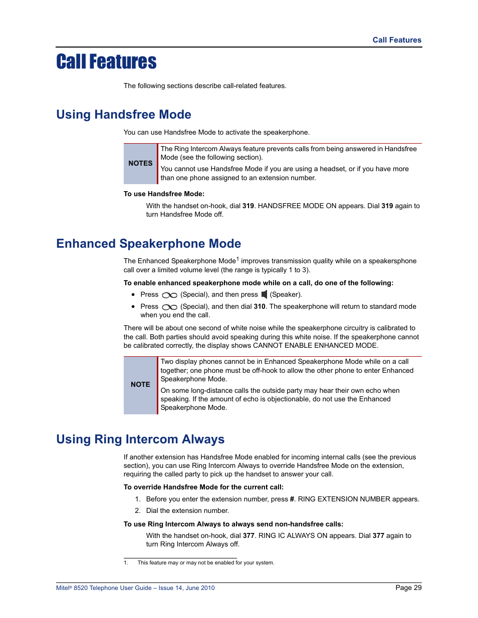 Call features, Using handsfree mode, Enhanced speakerphone mode | Using ring intercom always, E “using handsfree mode” on, Using handsfree mode” on | Mitel 8520 User Manual | Page 41 / 76