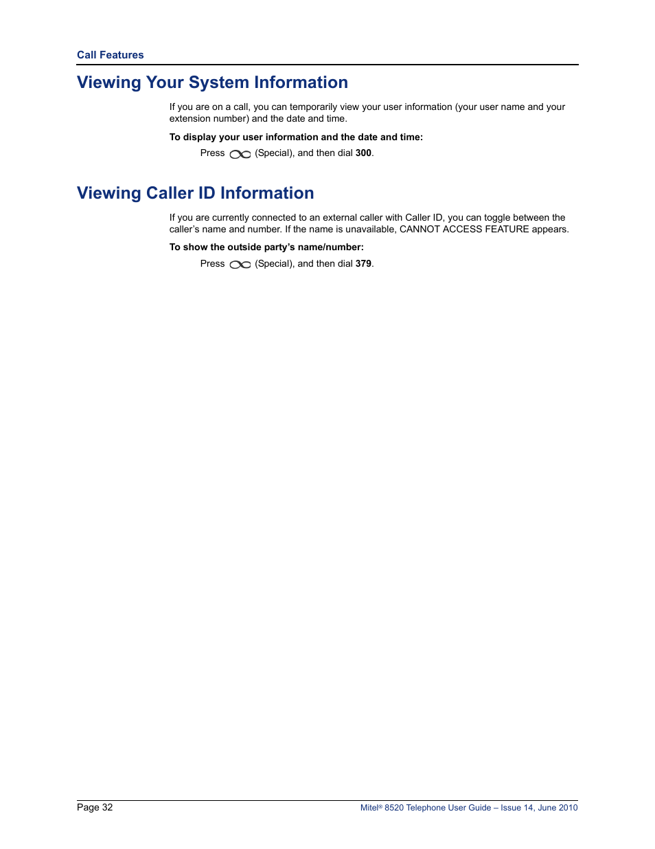 Viewing your system information, Viewing caller id information | Mitel 8520 User Manual | Page 44 / 76