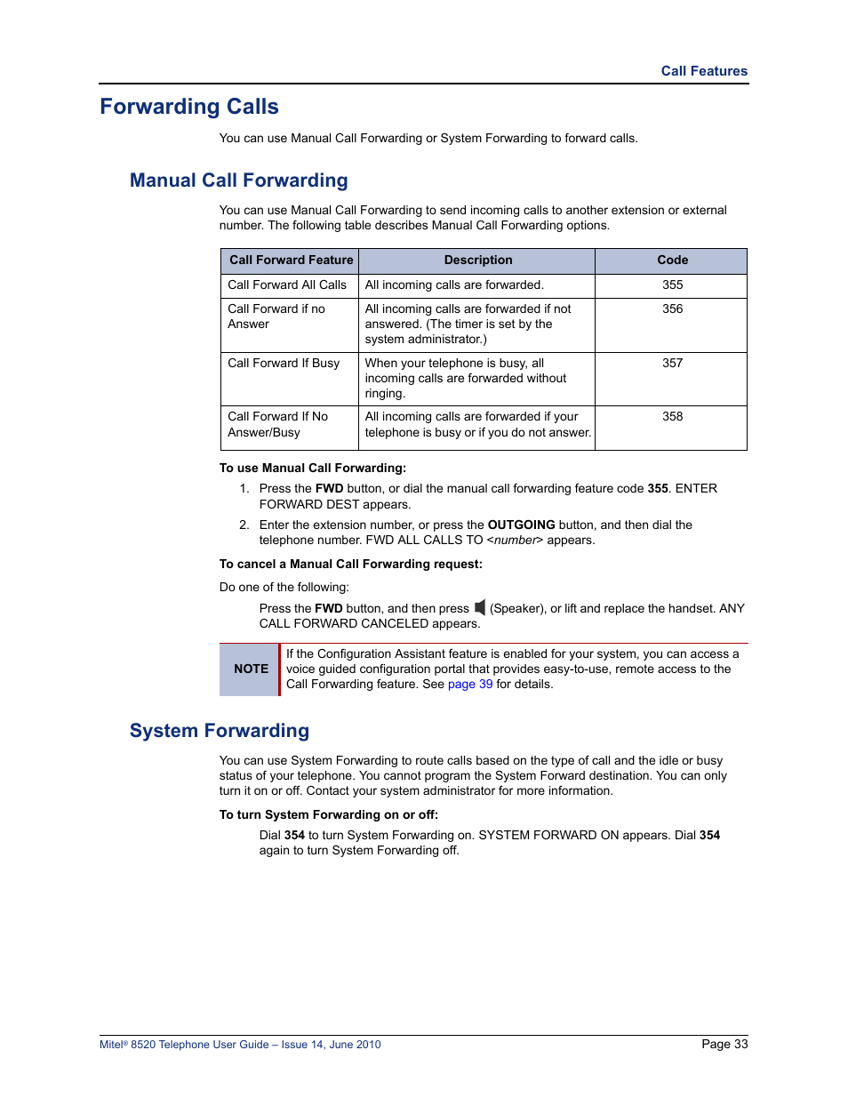 Forwarding calls, Manual call forwarding, System forwarding | Manual call forwarding system forwarding, E “manual call forwarding” on, System forwarding” on | Mitel 8520 User Manual | Page 45 / 76