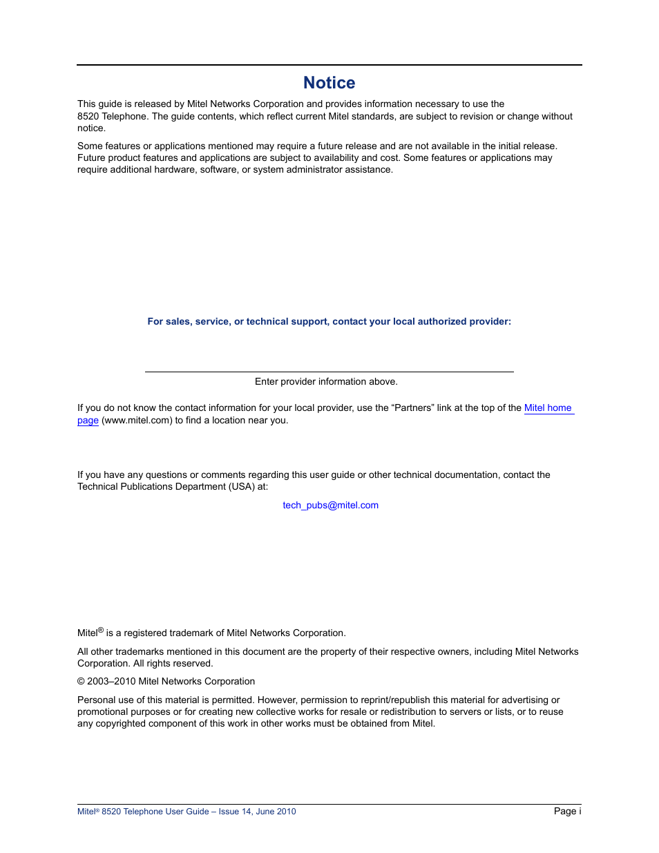 Notice | Mitel 8520 User Manual | Page 5 / 76