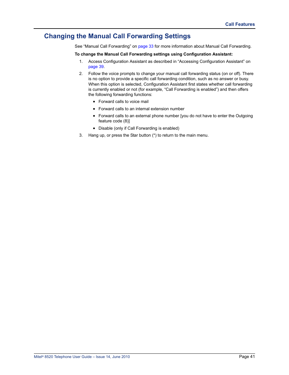 Changing the manual call forwarding settings | Mitel 8520 User Manual | Page 53 / 76