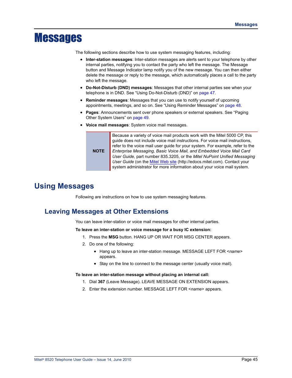 Messages, Using messages, Leaving messages at other extensions | See “using messages” on, E “leaving messages at other extensions” on | Mitel 8520 User Manual | Page 57 / 76