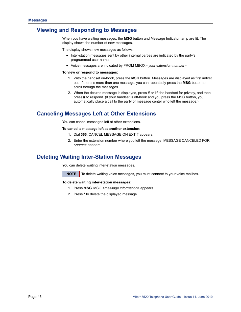 Viewing and responding to messages, Canceling messages left at other extensions, Deleting waiting inter-station messages | Mitel 8520 User Manual | Page 58 / 76