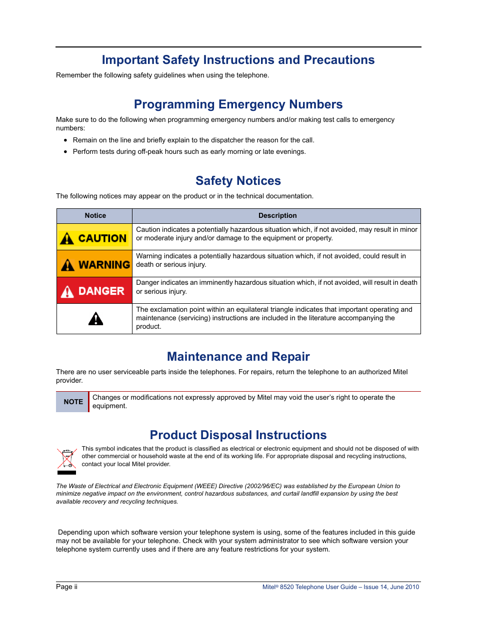 Important safety instructions and precautions, Programming emergency numbers, Safety notices | Maintenance and repair, Product disposal instructions | Mitel 8520 User Manual | Page 6 / 76