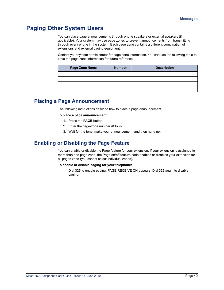 Paging other system users, S. see “paging other system users” on, Kers. see “paging other system users” on | Placing a page announcement, Enabling or disabling the page feature | Mitel 8520 User Manual | Page 61 / 76