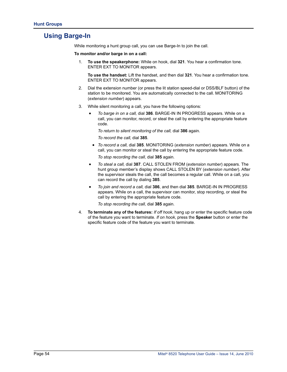 Using barge-in | Mitel 8520 User Manual | Page 66 / 76