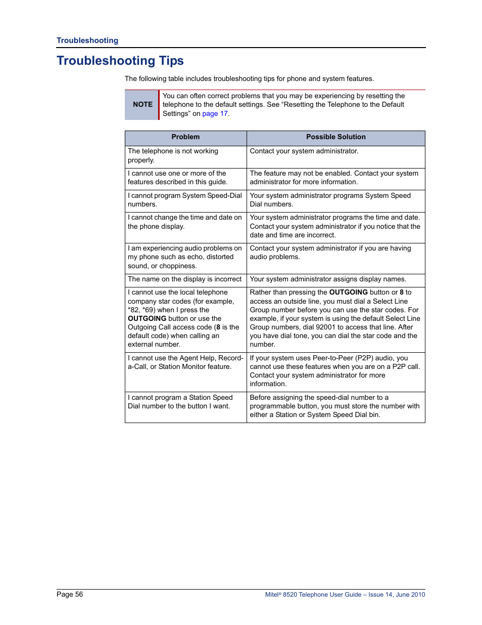 Troubleshooting tips | Mitel 8520 User Manual | Page 68 / 76