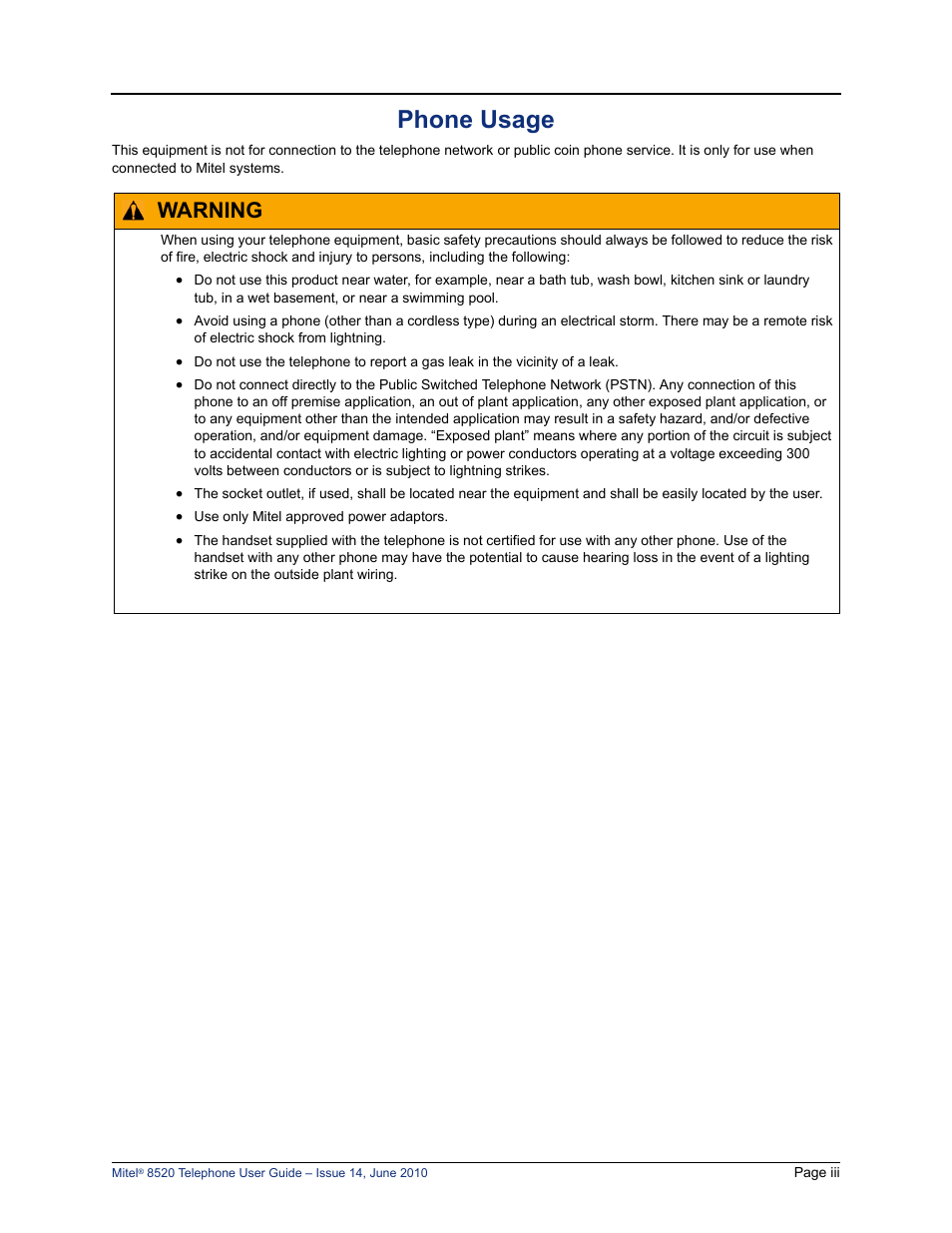 Phone usage, Warning | Mitel 8520 User Manual | Page 7 / 76