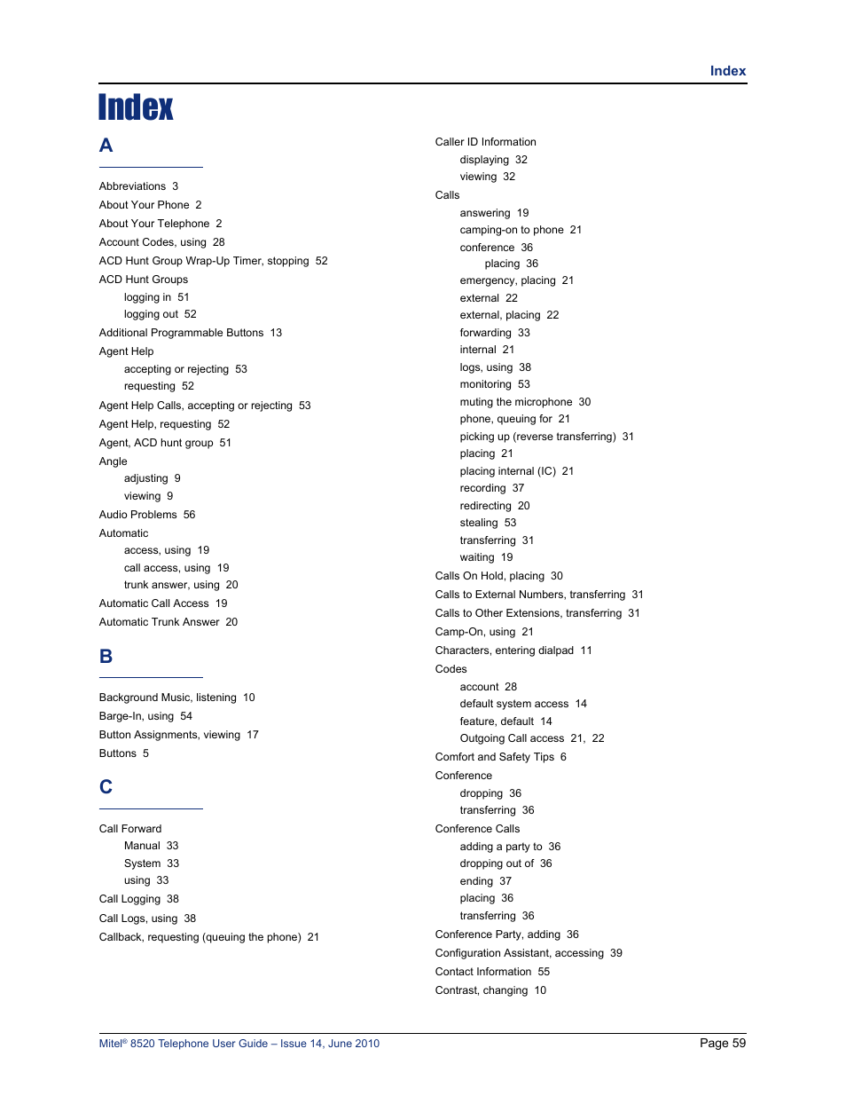 Index | Mitel 8520 User Manual | Page 71 / 76