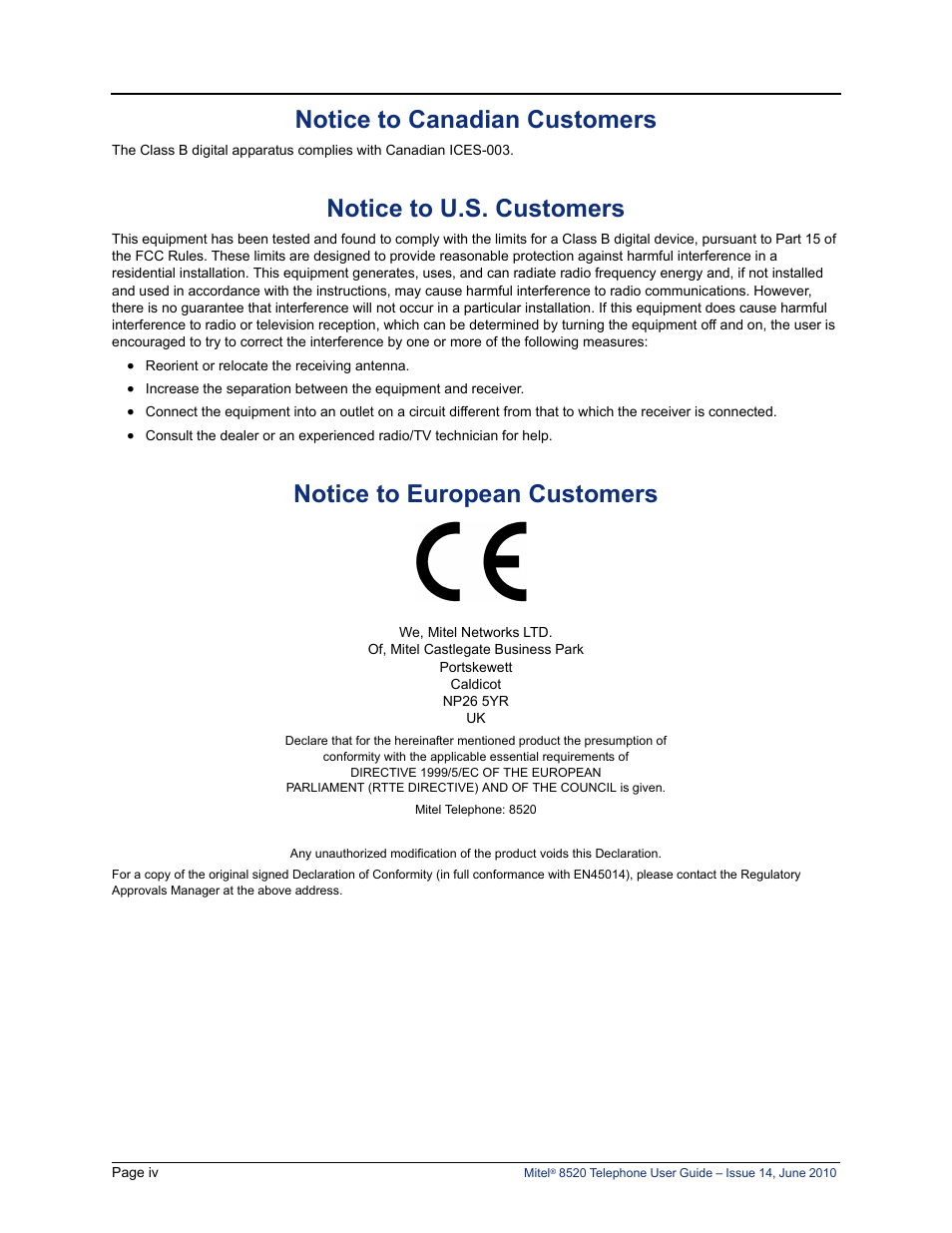 Notice to canadian customers, Notice to u.s. customers, Notice to european customers | Mitel 8520 User Manual | Page 8 / 76