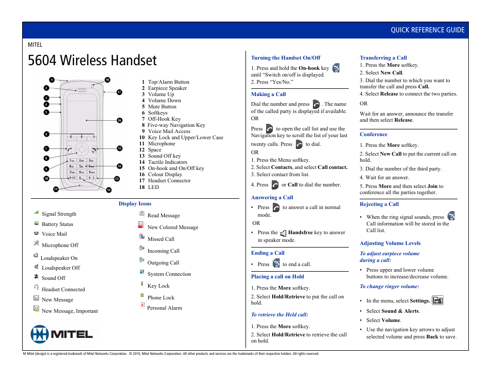 Mitel WIRELES HANDSET 5604 User Manual | 2 pages