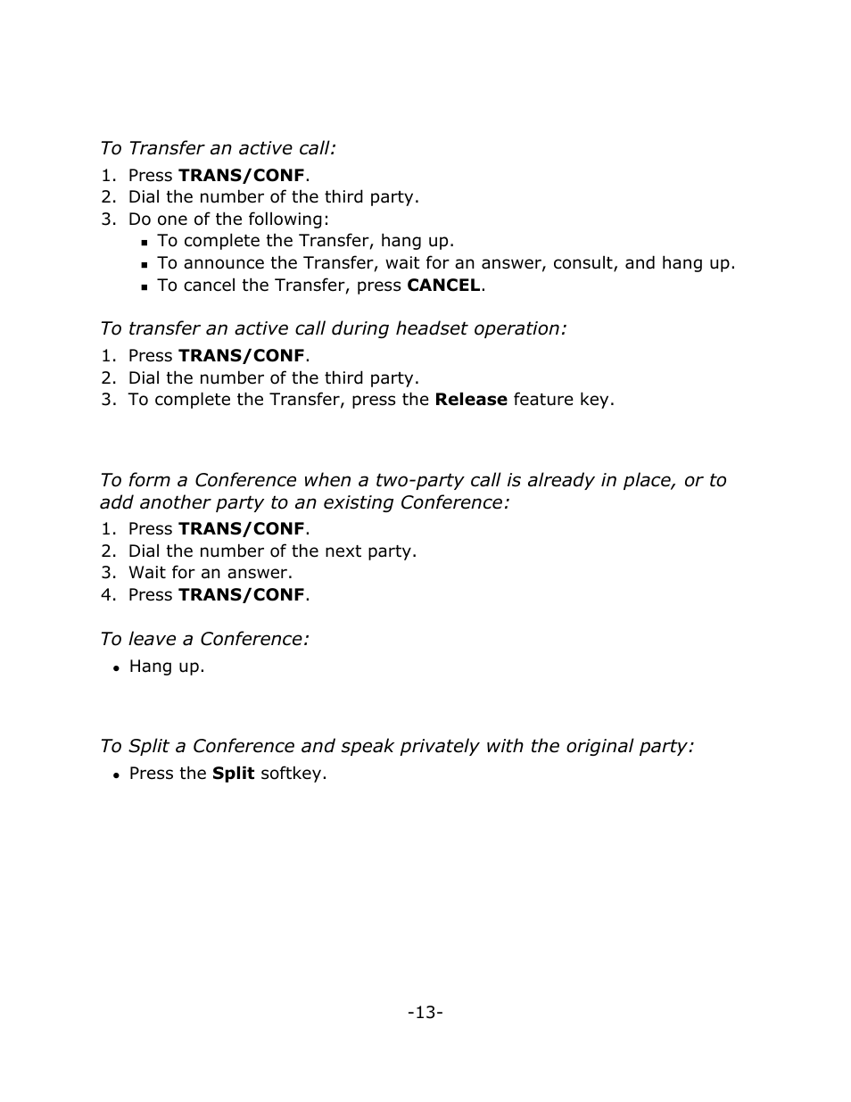 Transfer, Conference, Conference split | Mitel 5020 User Manual | Page 17 / 32
