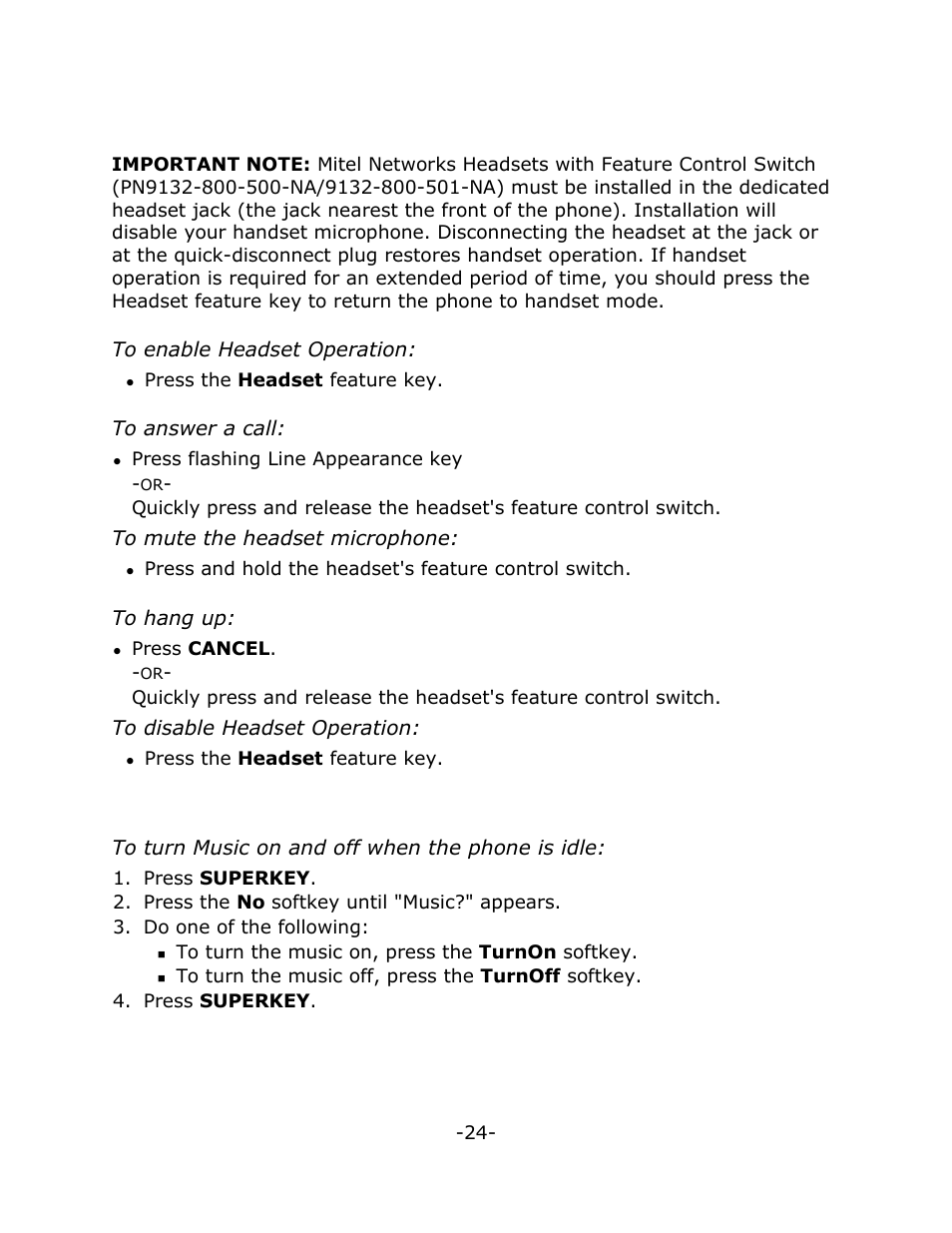 Headset operation (with feature control switch), Music | Mitel 5020 User Manual | Page 28 / 32