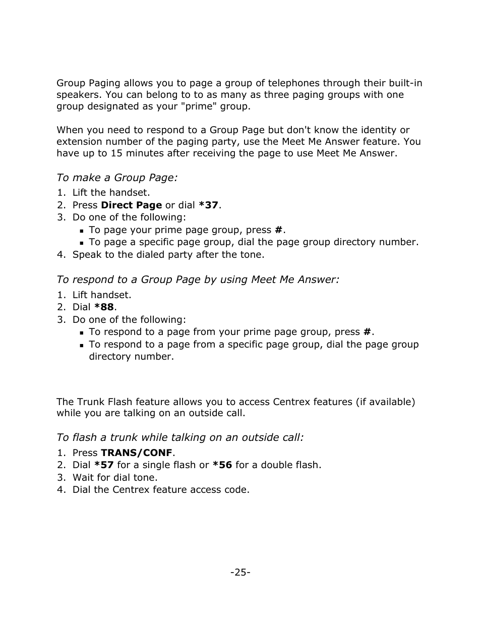 Group paging / meet me answer, Trunk flash | Mitel 5020 User Manual | Page 29 / 32