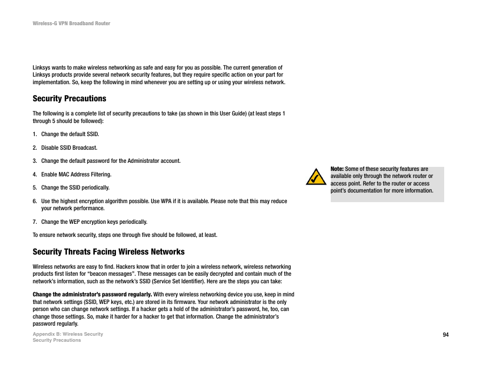 Appendix b: wireless security | Mitel WRV54G User Manual | Page 104 / 145