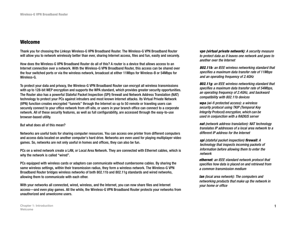 Chapter 1: introduction, Welcome | Mitel WRV54G User Manual | Page 11 / 145
