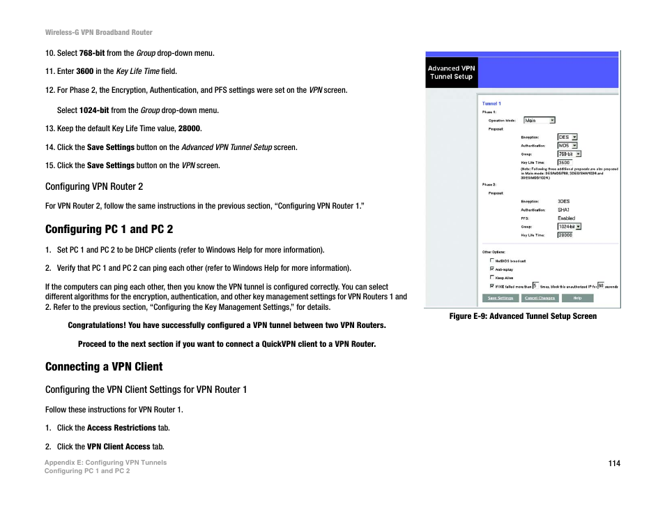 Configuring pc 1 and pc 2, Connecting a vpn client | Mitel WRV54G User Manual | Page 124 / 145