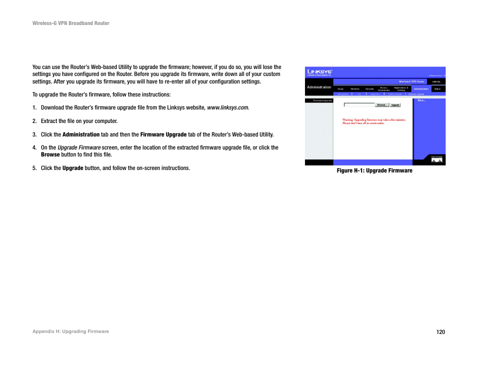 Appendix h: upgrading firmware | Mitel WRV54G User Manual | Page 130 / 145