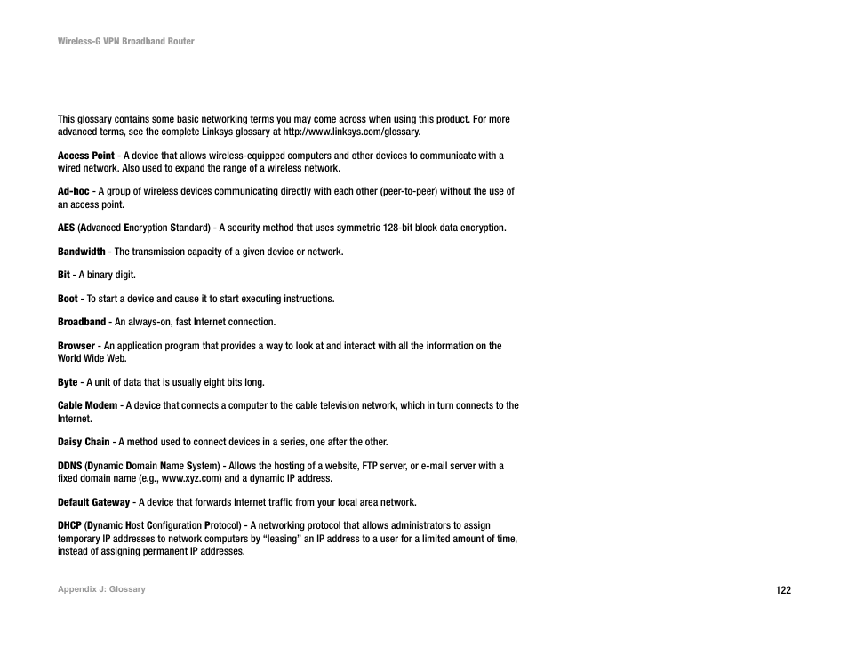 Appendix j: glossary | Mitel WRV54G User Manual | Page 132 / 145