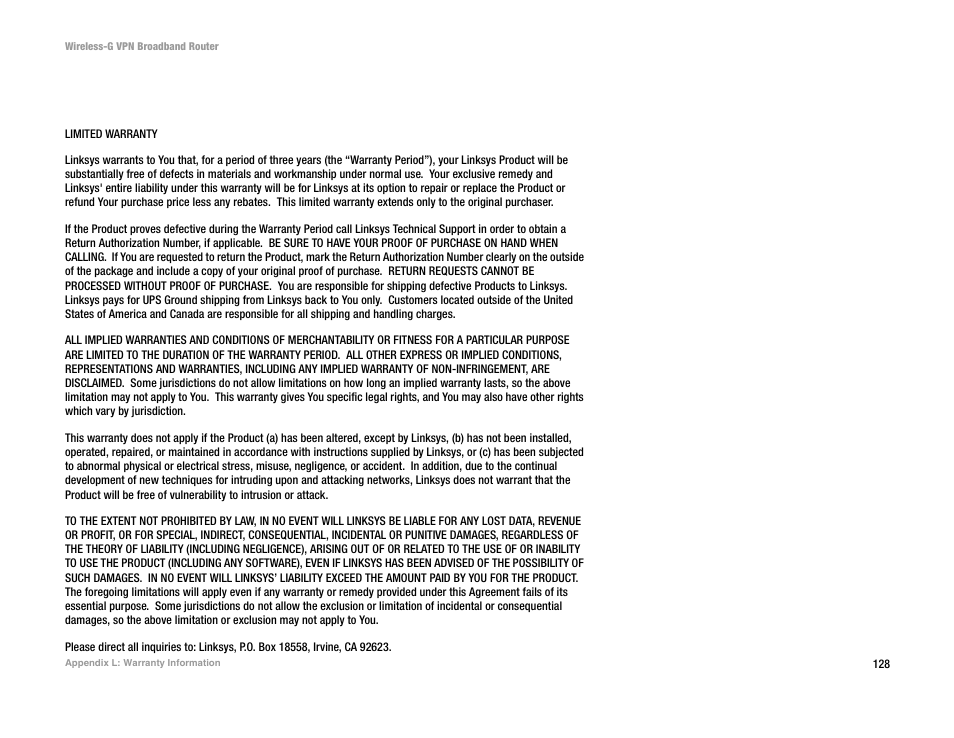 Appendix l: warranty information | Mitel WRV54G User Manual | Page 138 / 145