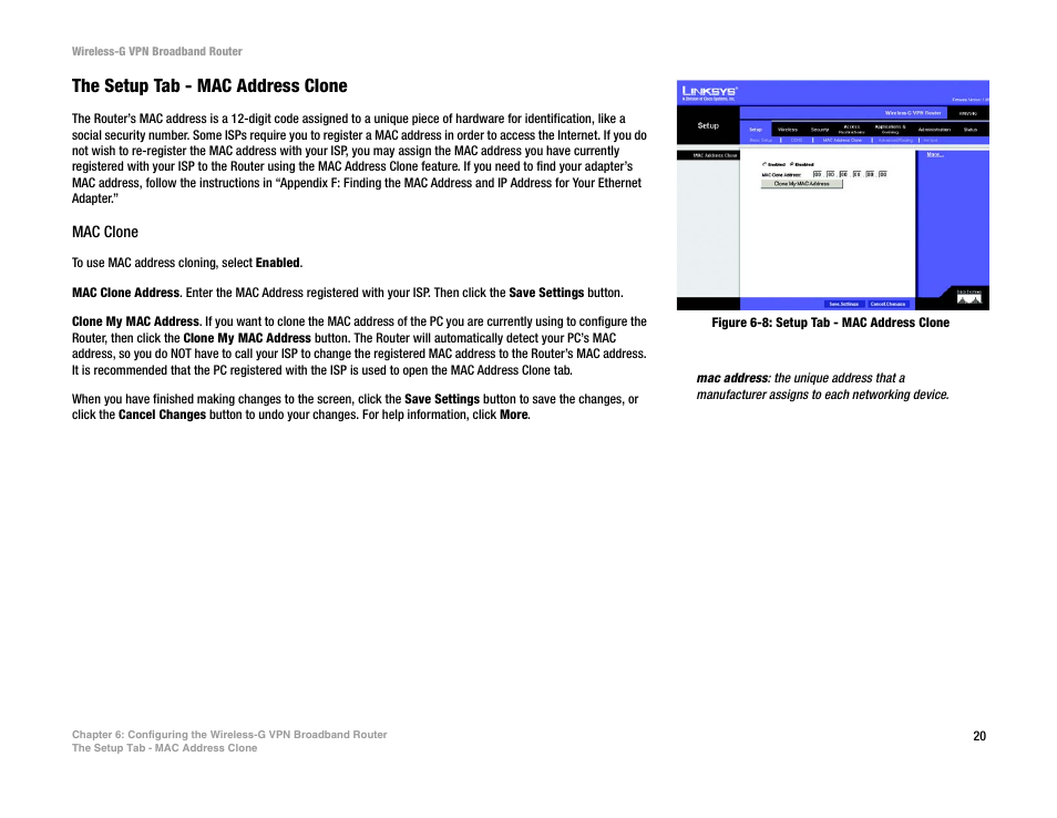 The setup tab - mac address clone | Mitel WRV54G User Manual | Page 30 / 145