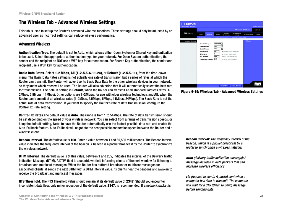 The wireless tab - advanced wireless settings | Mitel WRV54G User Manual | Page 38 / 145
