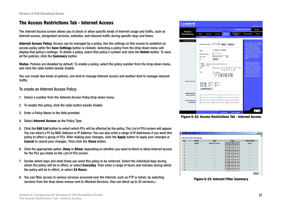 The access restrictions tab - internet access | Mitel WRV54G User Manual | Page 47 / 145