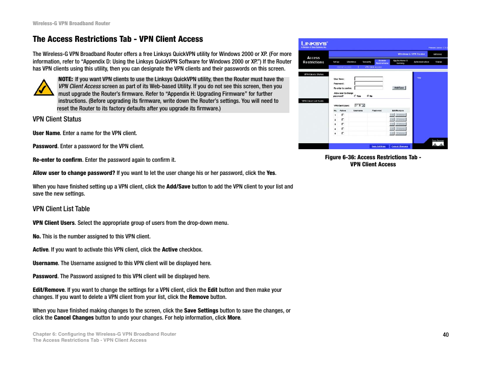 The access restrictions tab - vpn client access | Mitel WRV54G User Manual | Page 50 / 145
