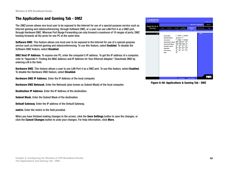The applications and gaming tab - dmz | Mitel WRV54G User Manual | Page 54 / 145