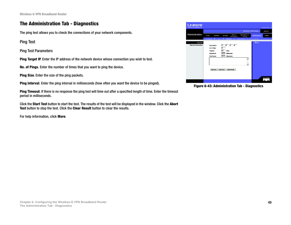 The administration tab - diagnostics | Mitel WRV54G User Manual | Page 59 / 145