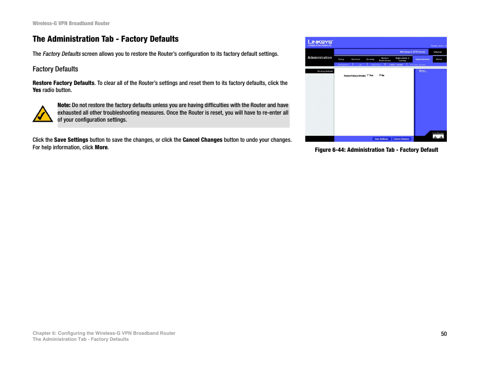 The administration tab - factory defaults | Mitel WRV54G User Manual | Page 60 / 145