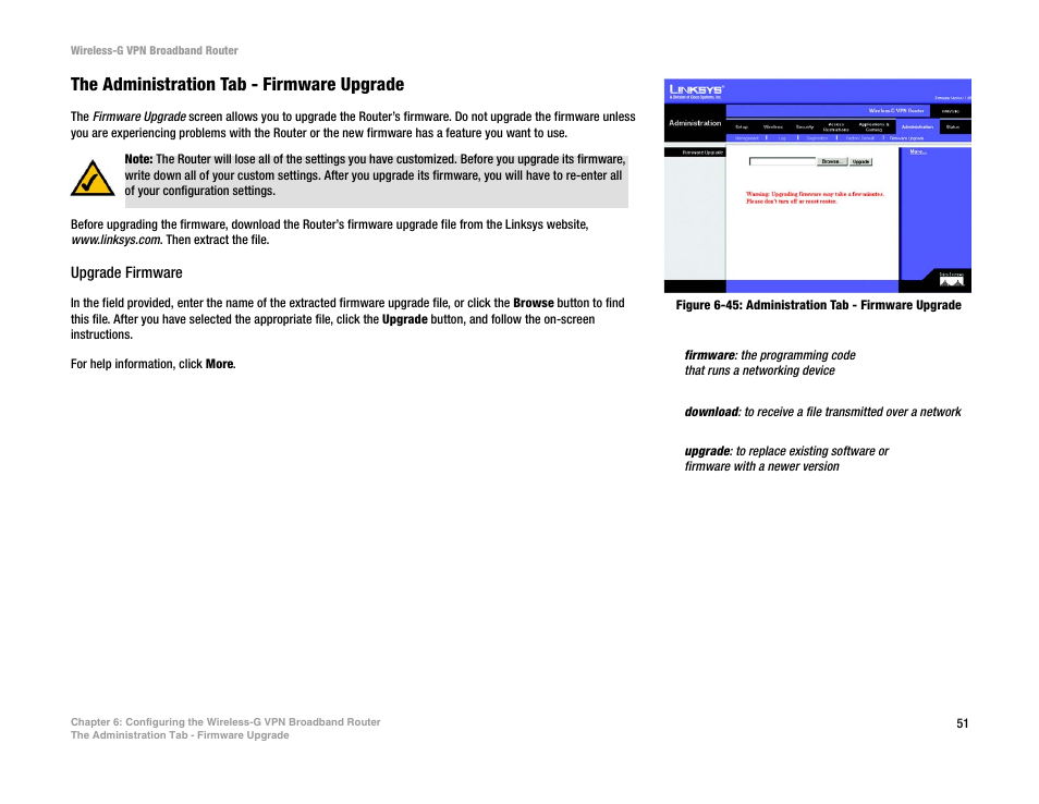 The administration tab - firmware upgrade | Mitel WRV54G User Manual | Page 61 / 145