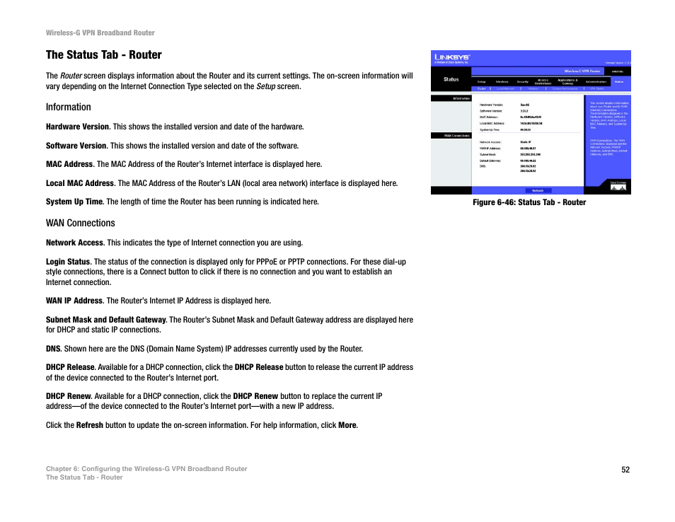 The status tab - router | Mitel WRV54G User Manual | Page 62 / 145
