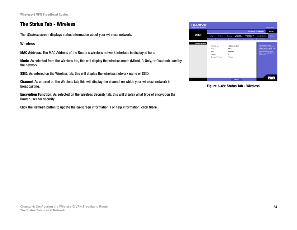 The status tab - wireless | Mitel WRV54G User Manual | Page 64 / 145