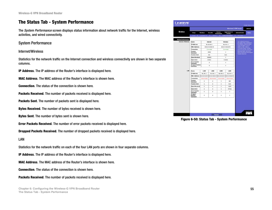 The status tab - system performance | Mitel WRV54G User Manual | Page 65 / 145