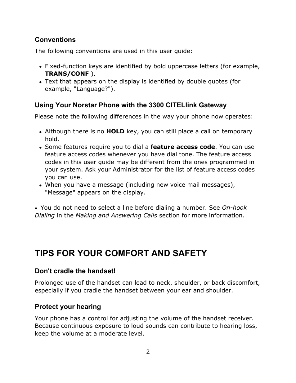 Tips for your comfort and safety, Conventions, Don't cradle the handset | Protect your hearing | Mitel T7100 User Manual | Page 6 / 20