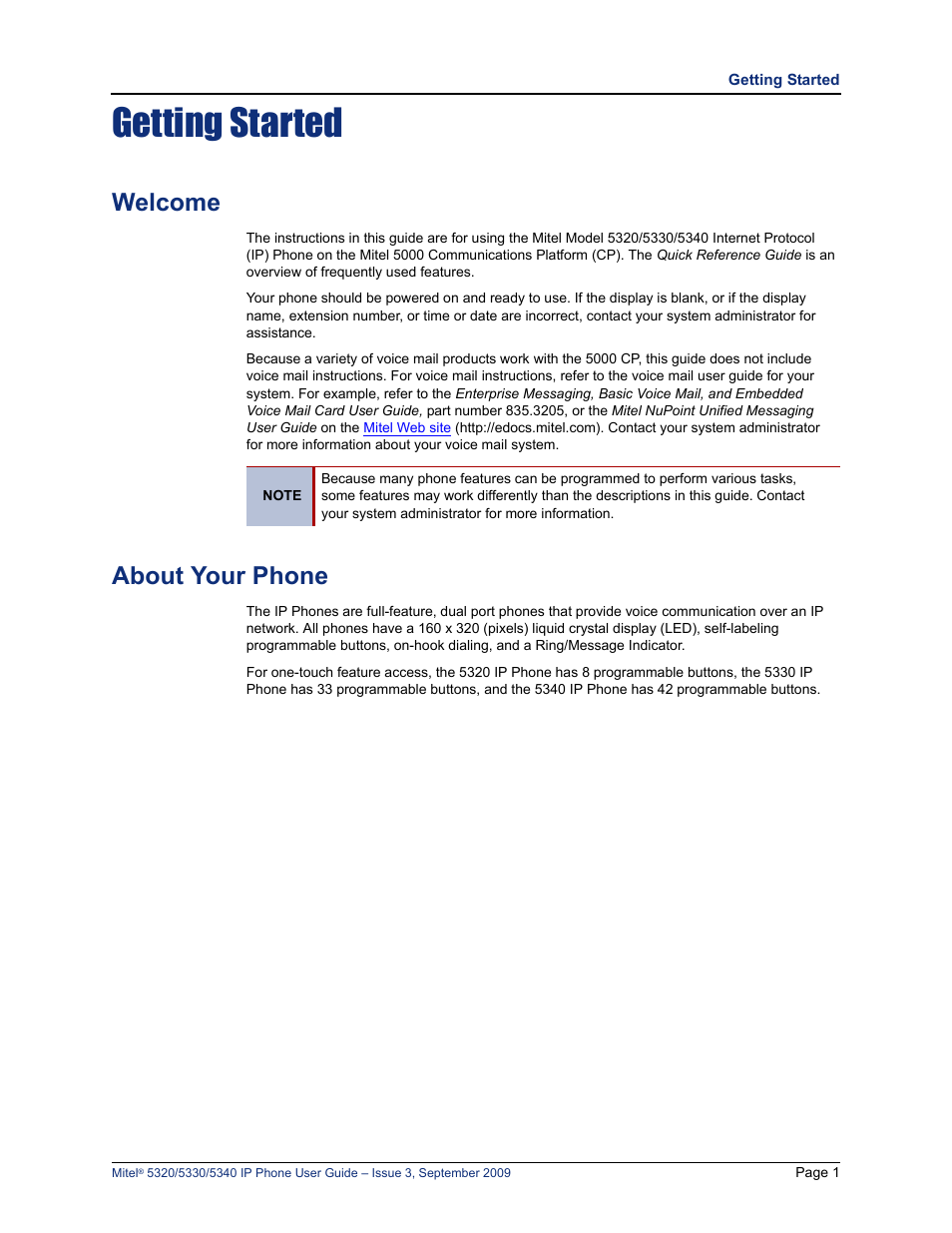 Getting started, Welcome, About your phone | Mitel 5320 User Manual | Page 15 / 84