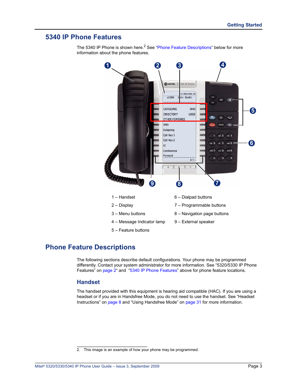 5340 ip phone features, Phone feature descriptions, 5340 ip phone features phone feature descriptions | Handset | Mitel 5320 User Manual | Page 17 / 84