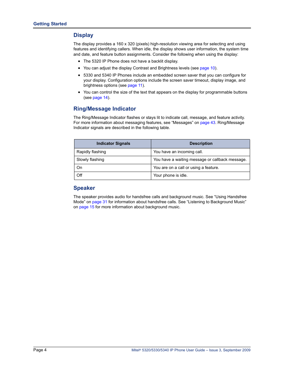 Display ring/message indicator speaker, Display, Ring/message indicator | Speaker | Mitel 5320 User Manual | Page 18 / 84