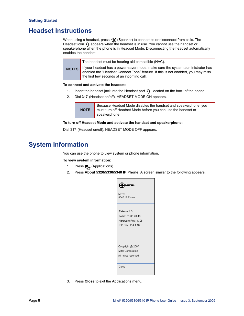 Headset instructions, System information, Headset instructions” on | Headset, Instructions | Mitel 5320 User Manual | Page 22 / 84