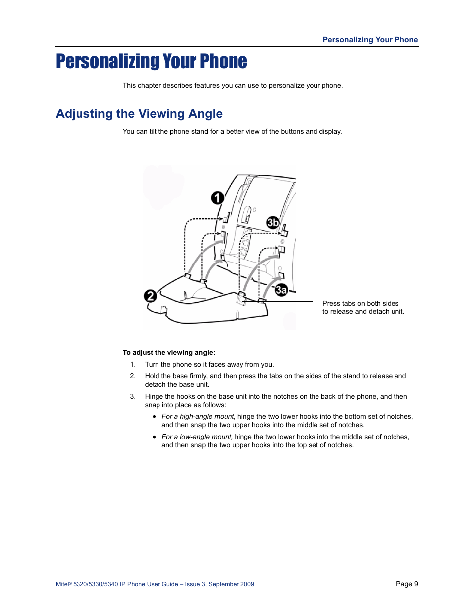 Personalizing your phone, Adjusting the viewing angle, See “adjusting the viewing angle” on | Mitel 5320 User Manual | Page 23 / 84