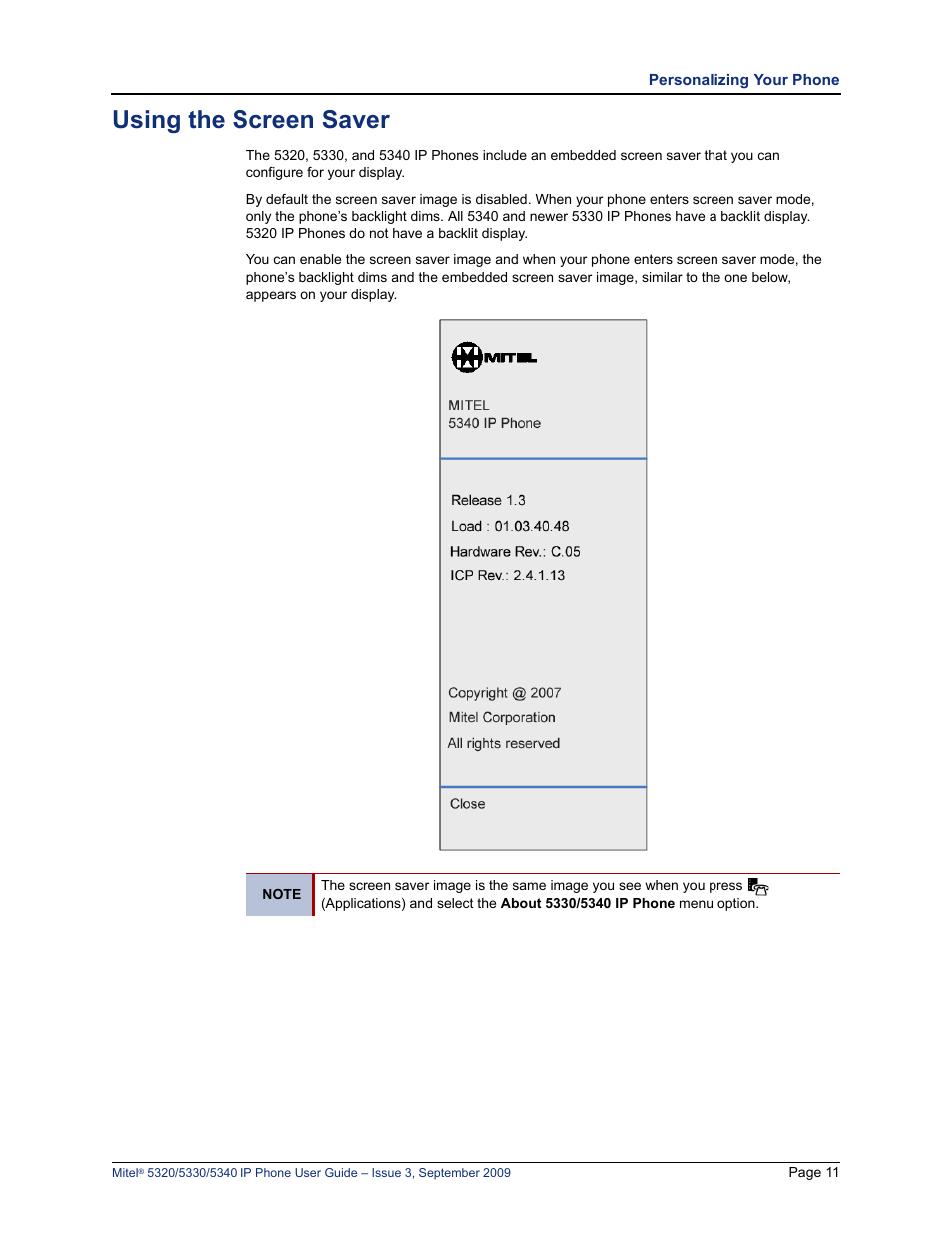 Using the screen saver | Mitel 5320 User Manual | Page 25 / 84