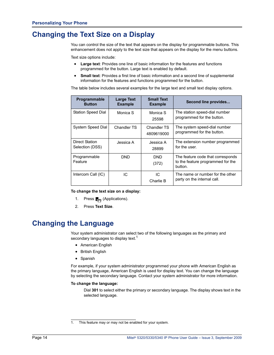 Changing the text size on a display, Changing the language | Mitel 5320 User Manual | Page 28 / 84