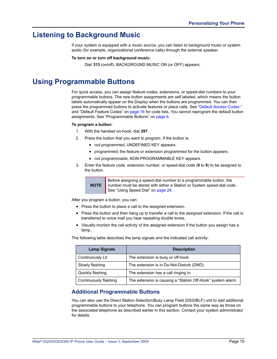 Listening to background music, Using programmable buttons, Additional programmable buttons | Mitel 5320 User Manual | Page 29 / 84