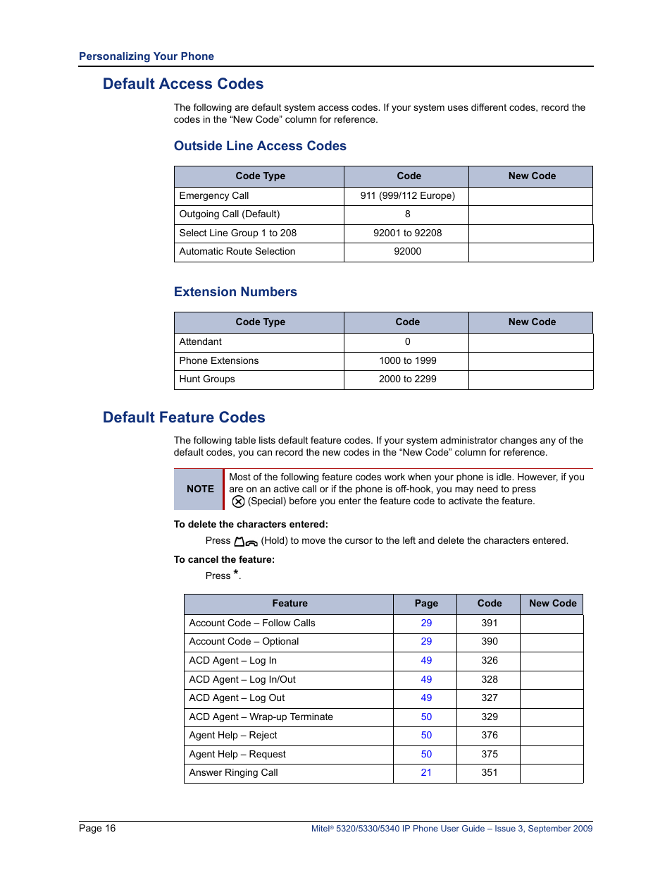 Default access codes, Default feature codes, Outside line access codes extension numbers | Default feature codes” on | Mitel 5320 User Manual | Page 30 / 84