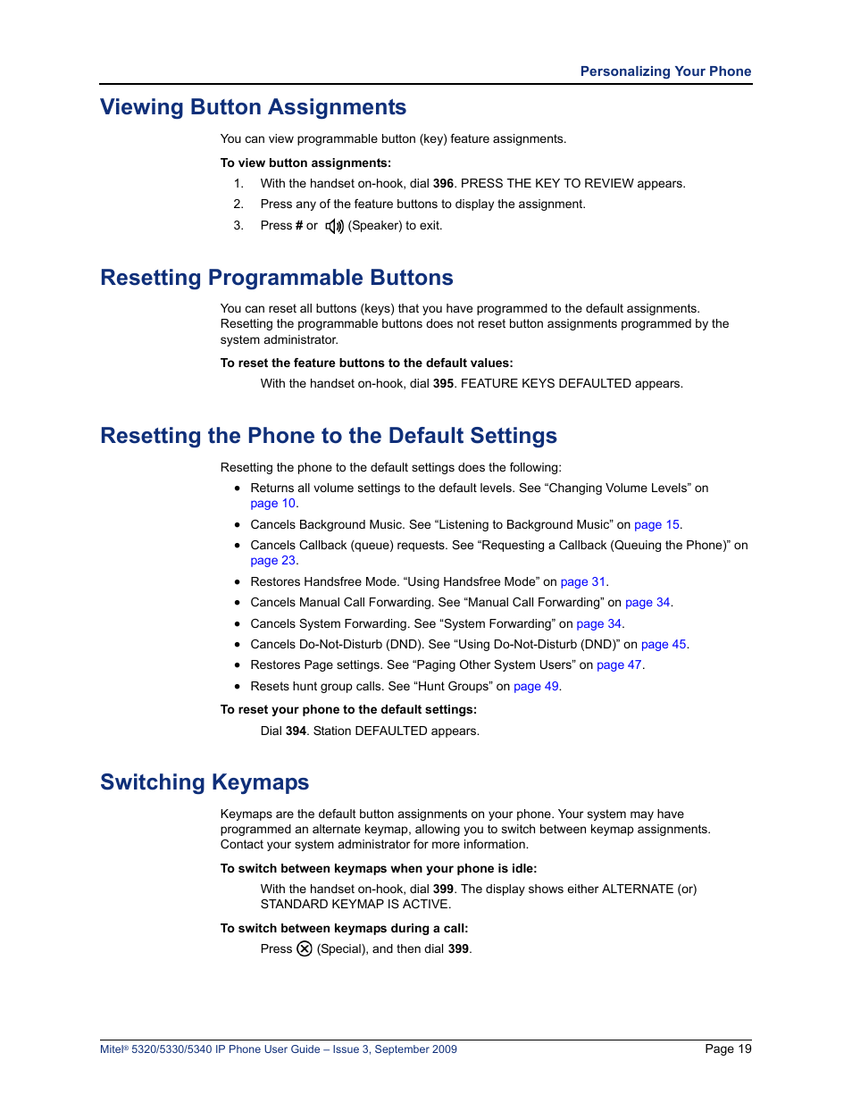 Viewing button assignments, Resetting programmable buttons, Resetting the phone to the default settings | Switching keymaps | Mitel 5320 User Manual | Page 33 / 84