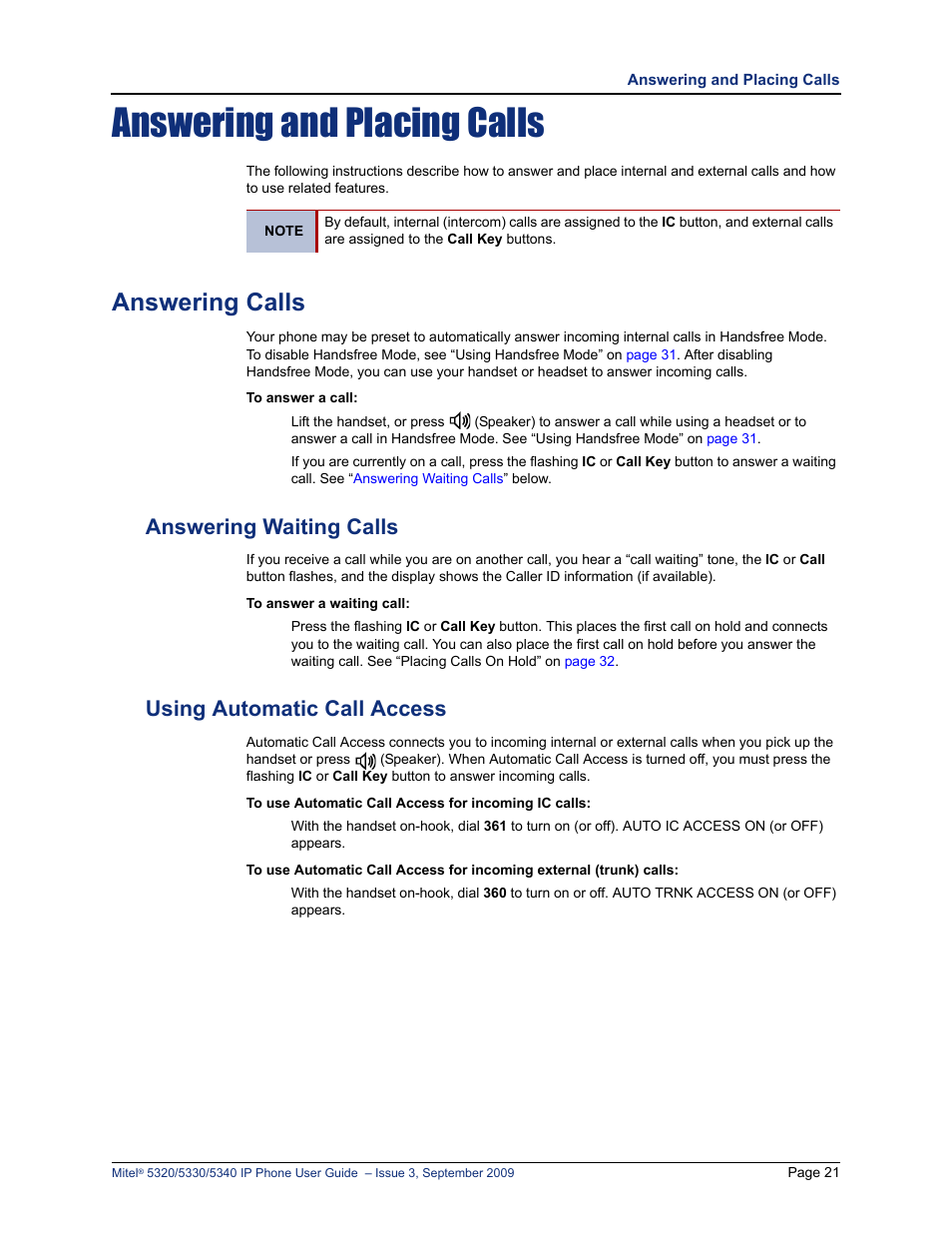 Answering and placing calls, Answering calls, Answering waiting calls | Using automatic call access | Mitel 5320 User Manual | Page 35 / 84