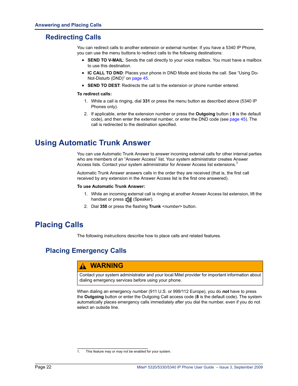 Redirecting calls, Using automatic trunk answer, Placing calls | Placing emergency calls, Warning | Mitel 5320 User Manual | Page 36 / 84