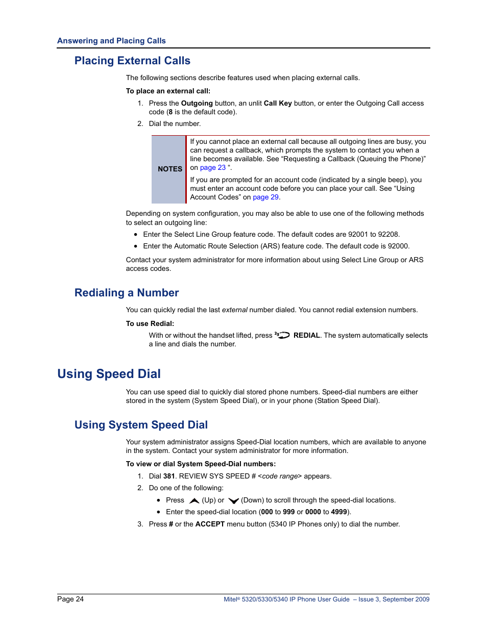 Placing external calls, Redialing a number, Using speed dial | Using system speed dial, Placing external calls redialing a number, E “using speed dial” on | Mitel 5320 User Manual | Page 38 / 84